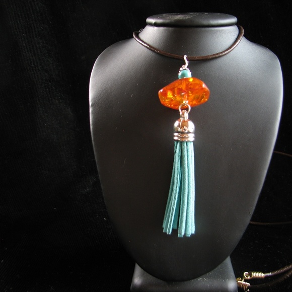 Amber and Turquoise Suede Tassel Pendant - Picture 1 of 3